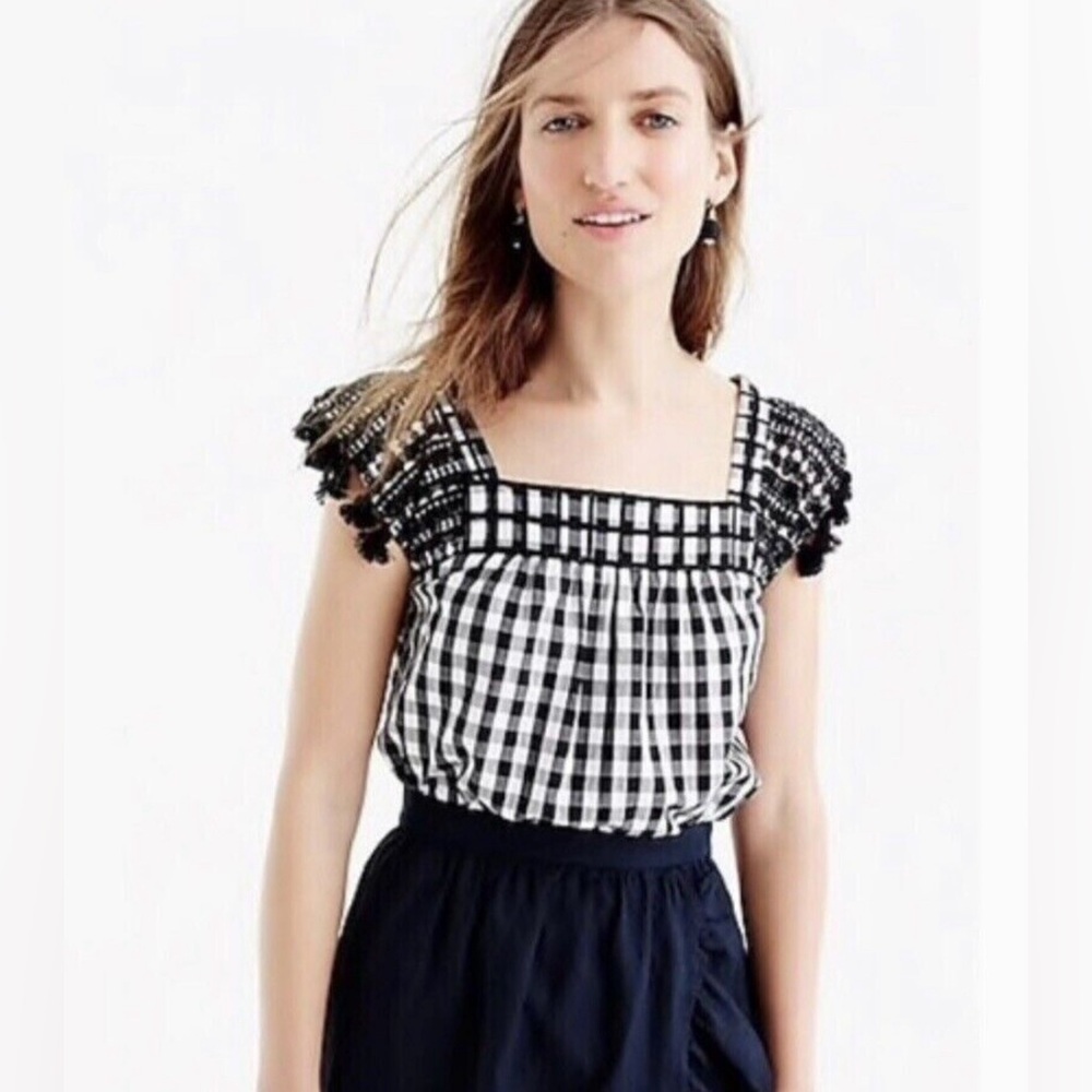 J.CREW WOMENS Embroidered Gingham Eyelet PomPom Tassel Blouse Size 2